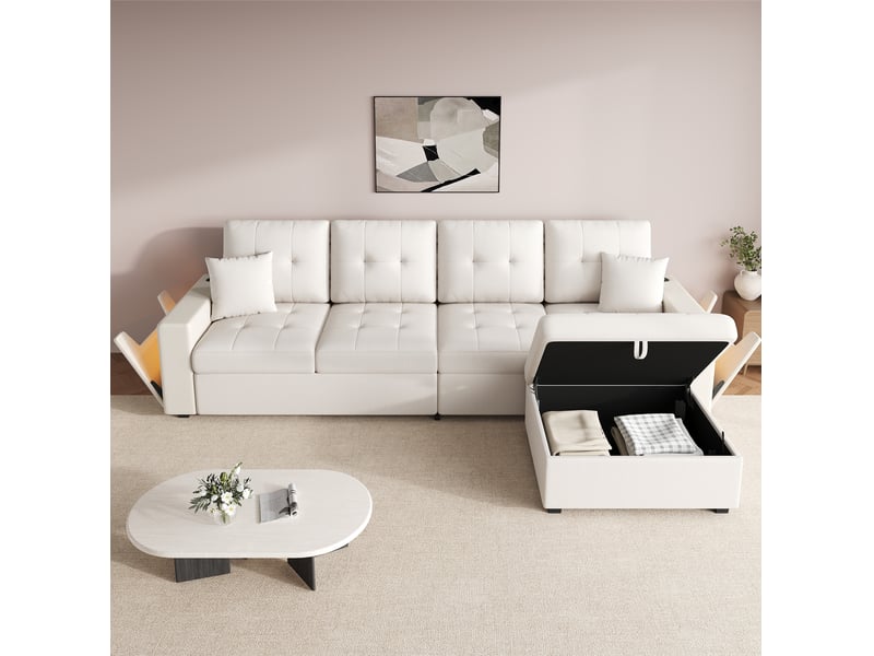  Canapé d'angle modulaire avec pouf coffre, led, usb et type-c en tissu de lin beige, 253 × 144,5 × 80,7 cm  - Conforama D