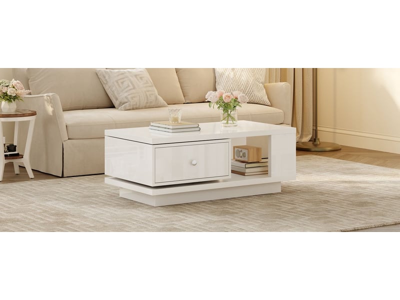  Table basse avec rangement tiroir pivotant compartiment ouvert finition brillante poignée en métal  - Conforama E