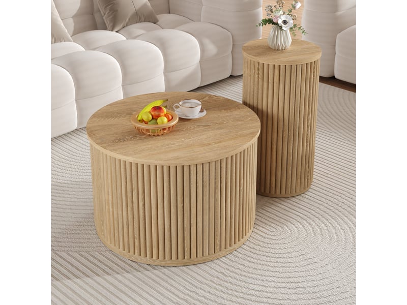 Table basse ronde double ensemble table basse bois nature mdf avec rayures 3d pour salon - Conforama W