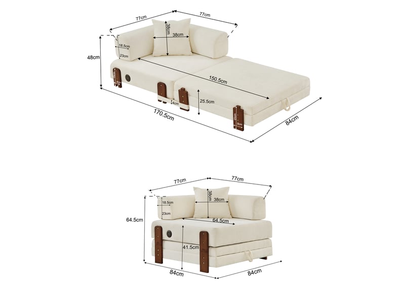 Canapé convertible pliant 2-en-1 1 place beige avec ports usb et type-c - Conforama E