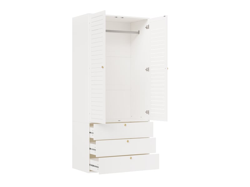  Armoire 2 portes battantes à lames, 3 tiroirs et penderie, façade ajourée, 90 × 50 × 200 cm, blanche, rangement ventilé  - Conforama E