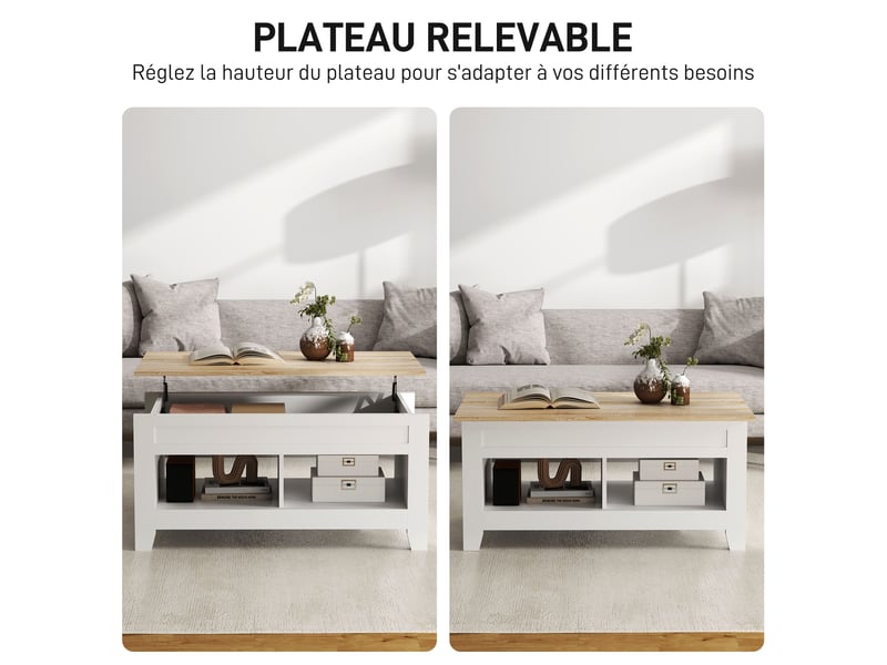  Table basse plateau relevable, table de salon avec étagères et compartiment caché,blanc 105 x 50 x 49-62,5 cm  - Conforama D