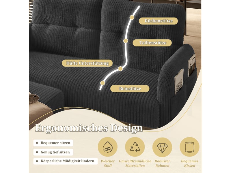  Canapé 2 places en velours côtelé gris avec dossier haut, accoudoirs ergonomiques et poches latérales  - Conforama R