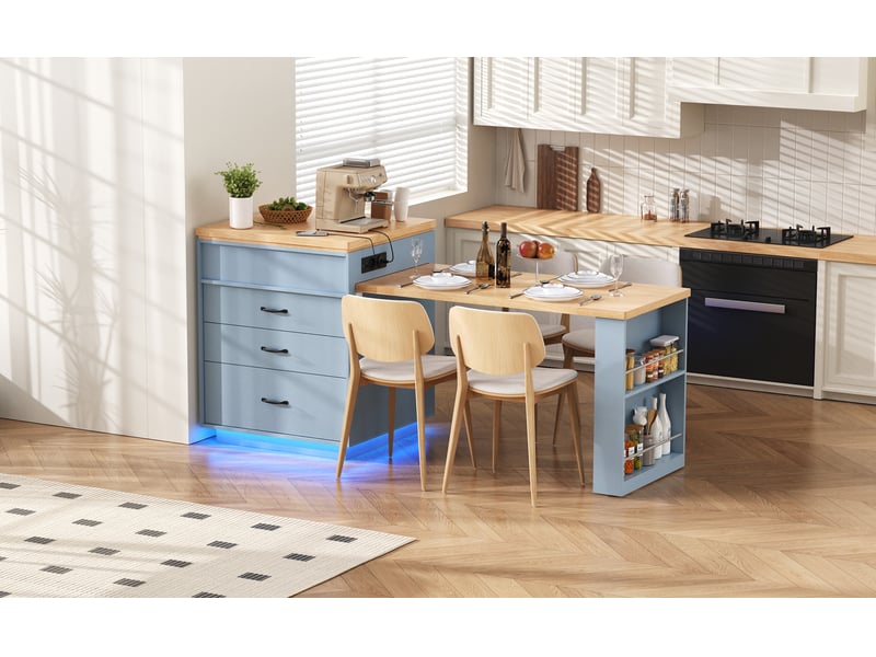 Îlot de cuisine extensible 125,5–187,5 x 71 x 93 cm avec led et station usb+type-c, roulettes, bar de cuisine, mdf bleu  - Conforama B