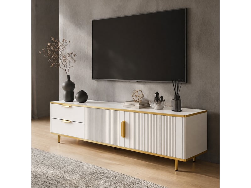  Meuble tv avec 2 tiroirs et 2 portes pour salon 170×37×45 cm en mdf et panneaux de particules blanc et or  - Conforama B