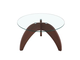Table basse plateau en verre trempé forme ronde piètement stable à 3 pieds en mdf coloris bois foncé