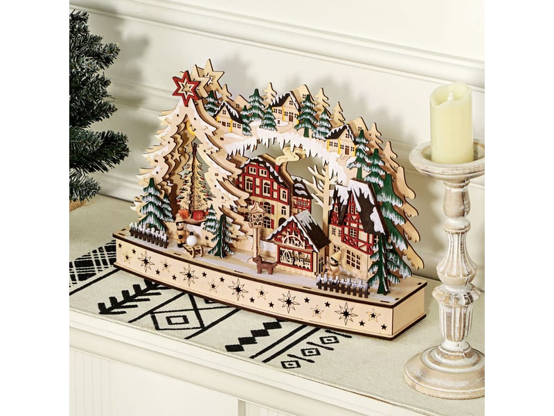  Village de noël lumineux, village de noël animé en bois, avec 20 led, 45l x 12l x 30h cm, paysage enneigé, bois naturel  - Conforama W