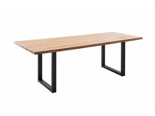 Table à manger avec bord irrégulier coloris chêne massif naturel et pieds en métal noir - longueur 220 x profondeur 100 x hauteur 76 cm