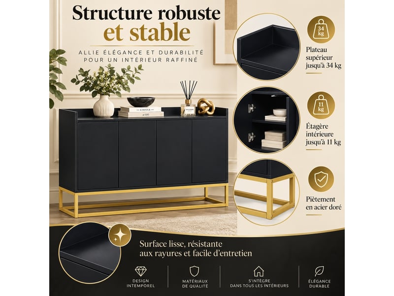  Buffet meuble de rangement 4 portes et étagère réglable, moderne, 120 x 30 x 80 cm noir  - Conforama D