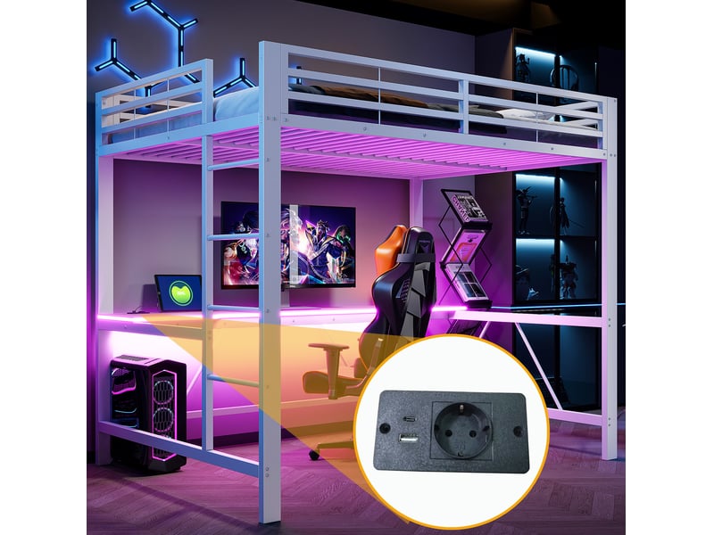  Lit mezzanine enfant 140x200 cm, station de charge usb, bureau et éclairage led, coloris blanc, métal et en mdf, sans matelas  - Conforama D
