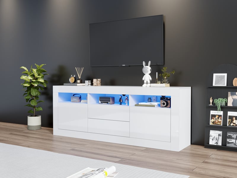  Meuble tv haute 160x35x60 cm avec éclairage led, 2 portes, 3 compartiments ouverts, 2 tiroirs, commande par application intelligente  - Conforama E