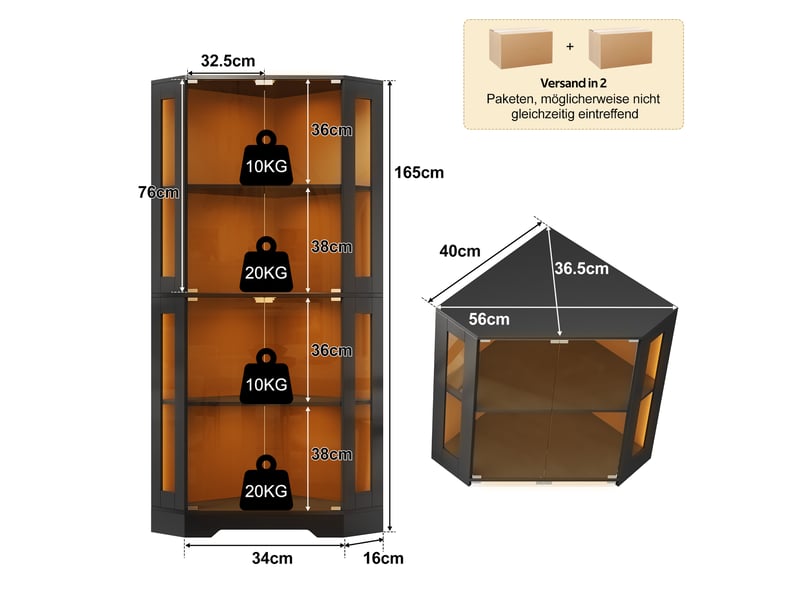  Vitrine d’angle 165 cm avec led, 4 niveaux en verre sécurisé pour vin, objets déco et collections  - Conforama C