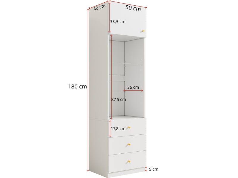 Bibliothèque murale blanche 50x40x180 cm - meuble rangement avec vitrine ouverte et tiroirs réglables hauteur  - Conforama C