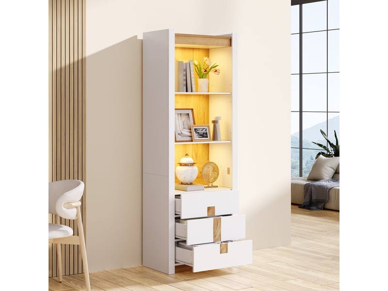  Vitrine haute 63x41,5x200 cm avec led bluetooth, 3 tiroirs et 3 étagères réglables, bibliothèque meuble rangement salon - blanc  - Conforama B