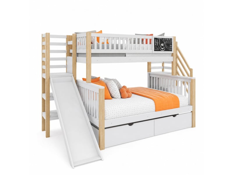  Lit superposé enfant blanc et bois naturel avec toboggan, escalier et rangements 90 x 200 cm et 140 x 200 cm  - Conforama A