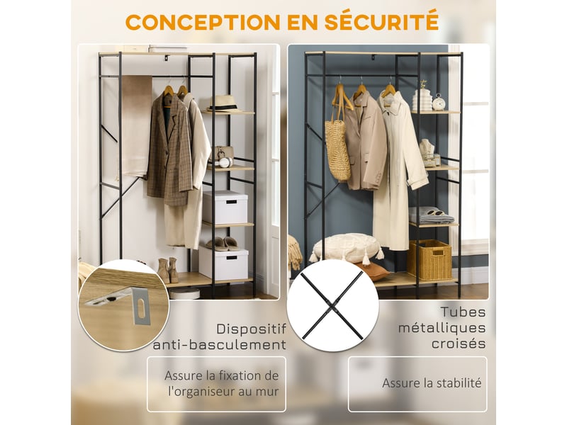  Penderie portant à vêtements style industriel en métal avec tringle et 4 étagères - dim. 100l x 46l x 170,5h cm  - Conforama R
