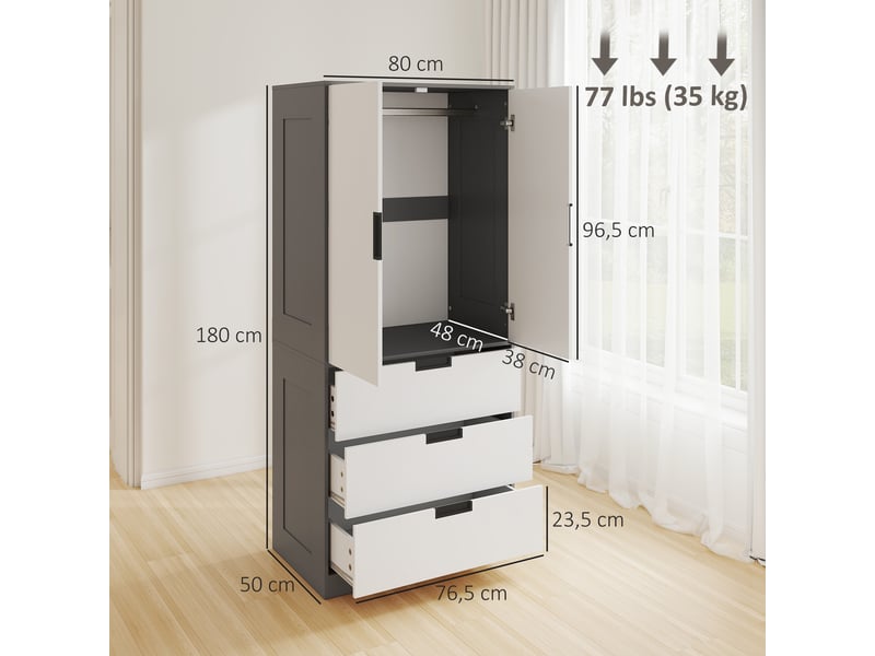  Armoire chambre penderie avec 2 portes à fermeture douce, 80x50x180cm, 3 tiroirs et barre de suspension, gris et blanc  - Conforama C