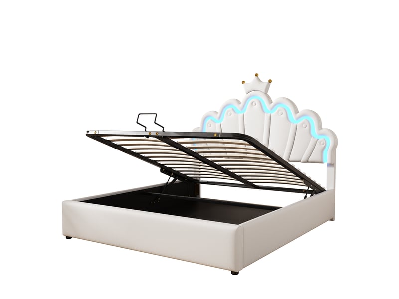 Lit princesse blanc 140x200 cm rembourré avec couronne et led réglable  - Conforama E