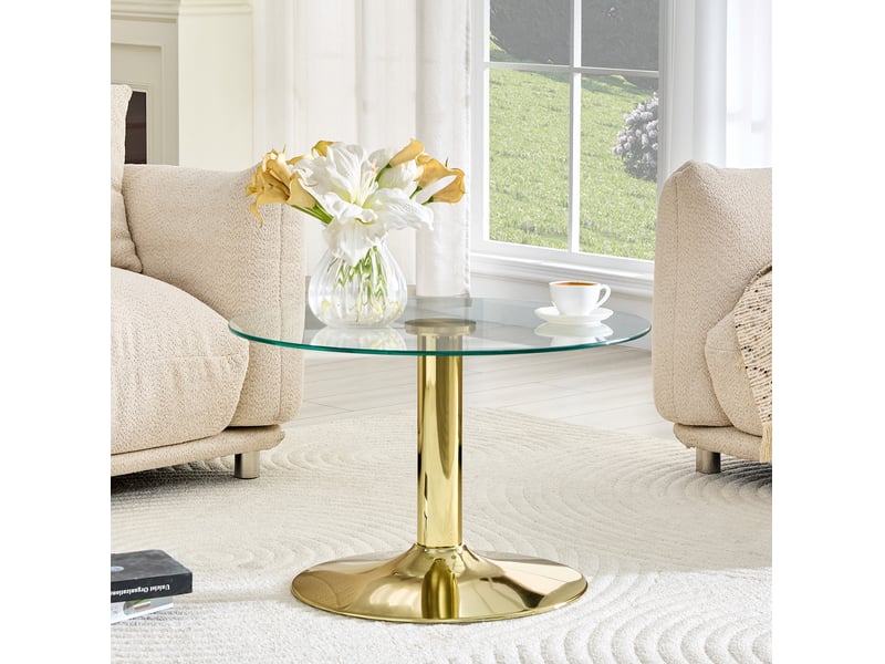  Table basse ronde avec plateau en verre de sécurité trempé et pied central en métal pour salon doré 70 × 70 × 45 cm  - Conforama D