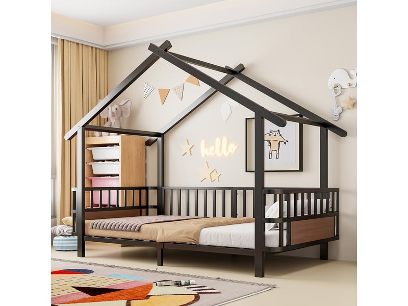  Lit simple 90x200 cm, lit enfant, barrière antichute, forme maison, métal noir  - Conforama A