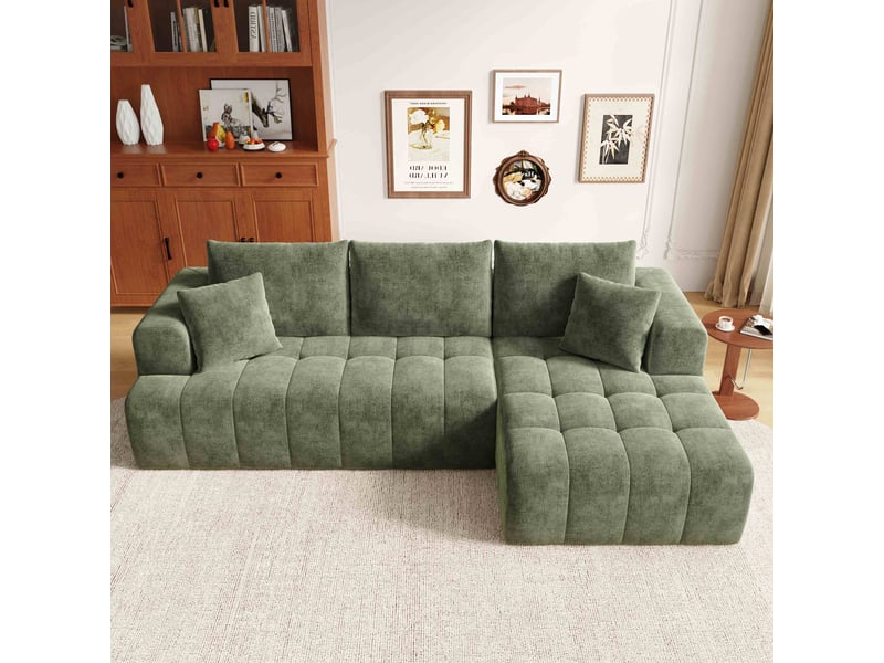  Canapé d'angle modulable 3 places 244.5x136x79 cm, canapé nuage sans structure, tissu chenille, design bas, coussins inclus - vert  - Conforama D