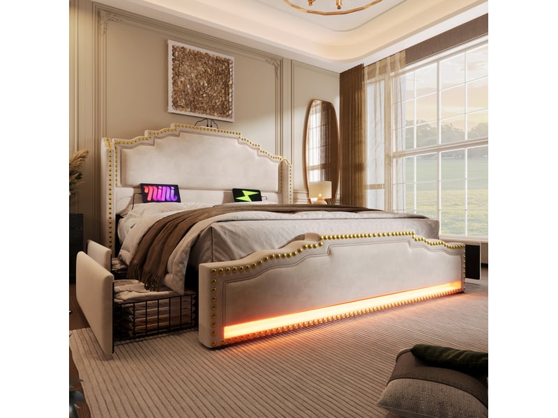  Lit coffre 140 × 200 cm 2 places avec 4 tiroirs, led réglable, usb et type-c, matelas inclus, en velours beige  - Conforama C