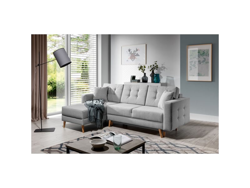  Canapé d'angle convertible hasgard 3 places gris 248x162 cm – coffre et pieds bois  - Conforama E