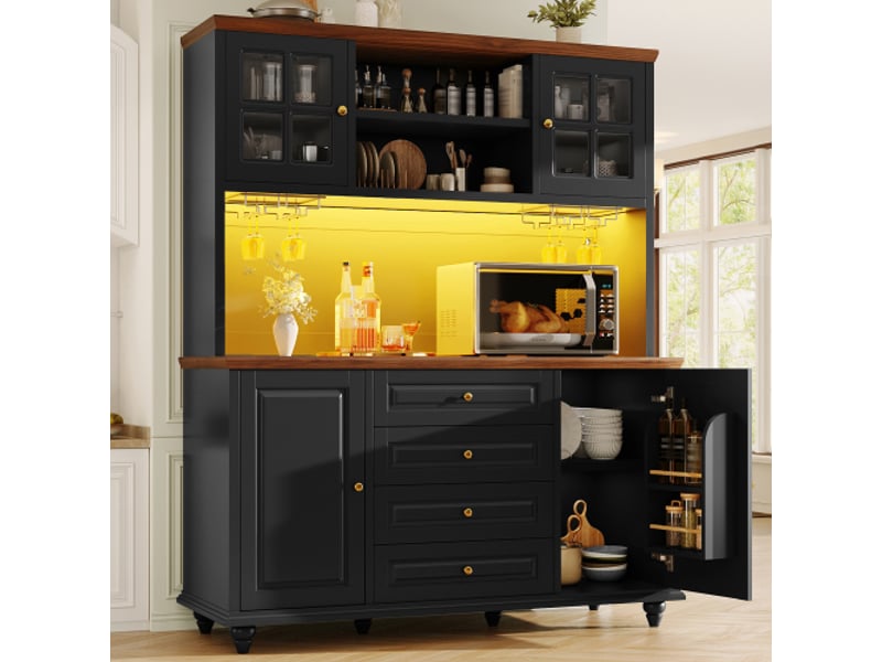 Buffet de cuisine 140x40x179,5 cm - 4 portes et 4 tiroirs, éclairage led rgb, étagères réglables, porte-verres - noir - Conforama D
