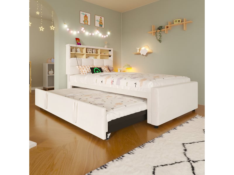  Lit pour enfant 90 x 200 cm – avec lit gigogne – avec port usb-c – velours – beige (matelas non inclus)  - Conforama R