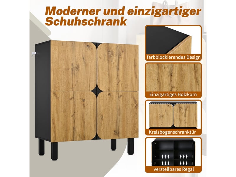  Meuble à chaussures, 4 portes incurvées armoire à chaussures, étagères réglables, pieds en fer noir, design unique  - Conforama E