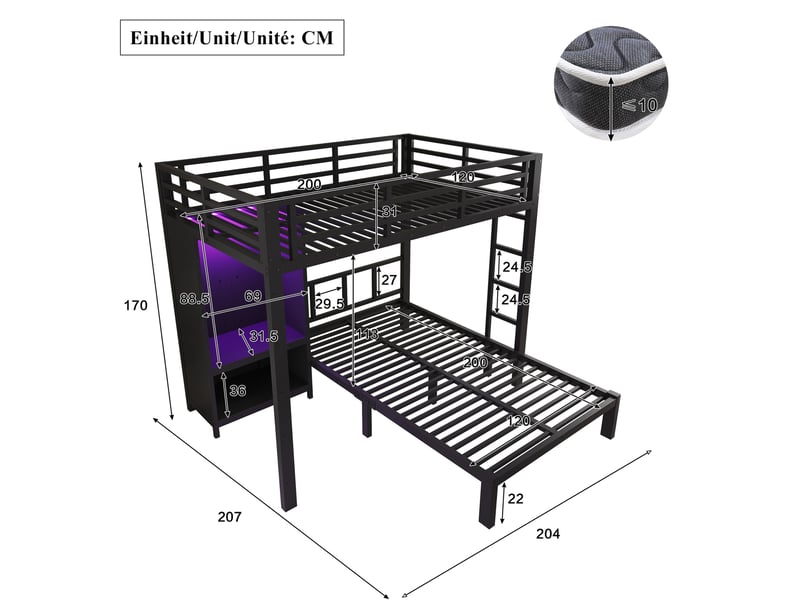  Lit superposé 120 × 200 cm, 2 couchages avec armoire intégrée, led et échelle droite, sans matelas, métal noir  - Conforama D