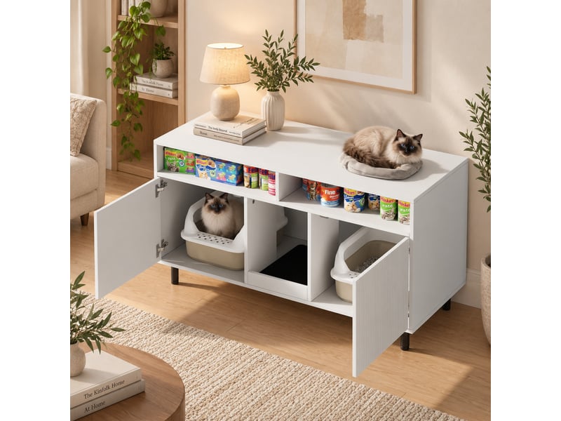  Meuble cache-litière blanc avec rangement, tapis de sortie et portes rainurées, 120x50x66 cm  - Conforama E
