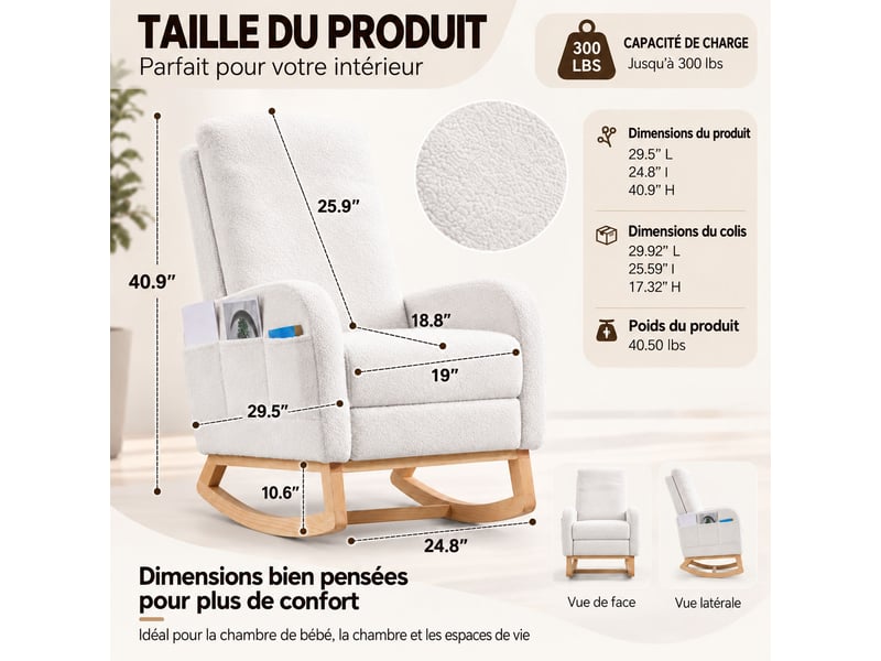  Fauteuil à bascule avec repose‑pieds, fauteuil d’allaitement en tissu teddy blanc, dossier haut ergonomique, poche latérale, chaise relax pour salon, chambre et espace bébé  - Conforama E