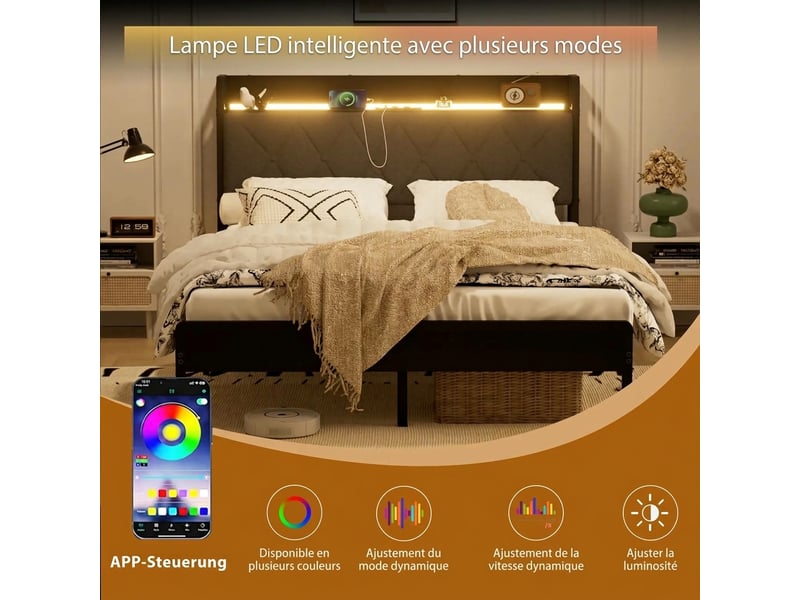  Lit 140x190 noir gris avec rangement sous lit, tête de lit capitonnée et station de charge sans matelas  - Conforama D