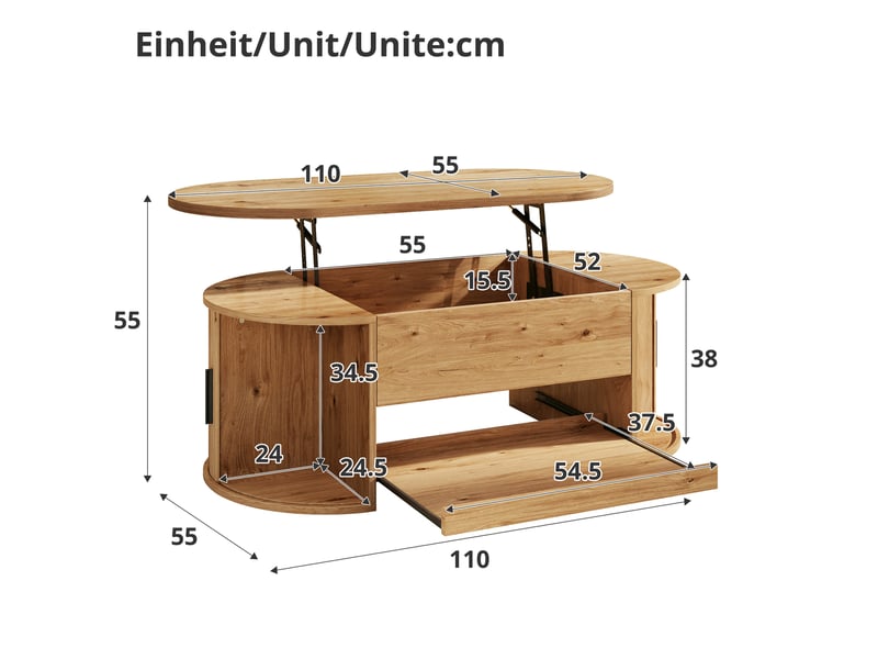  Table basse 110x55x55 cm, plateau escamotable, espace de rangement, usage polyvalent, pour intérieur, en mdf, naturel  - Conforama C
