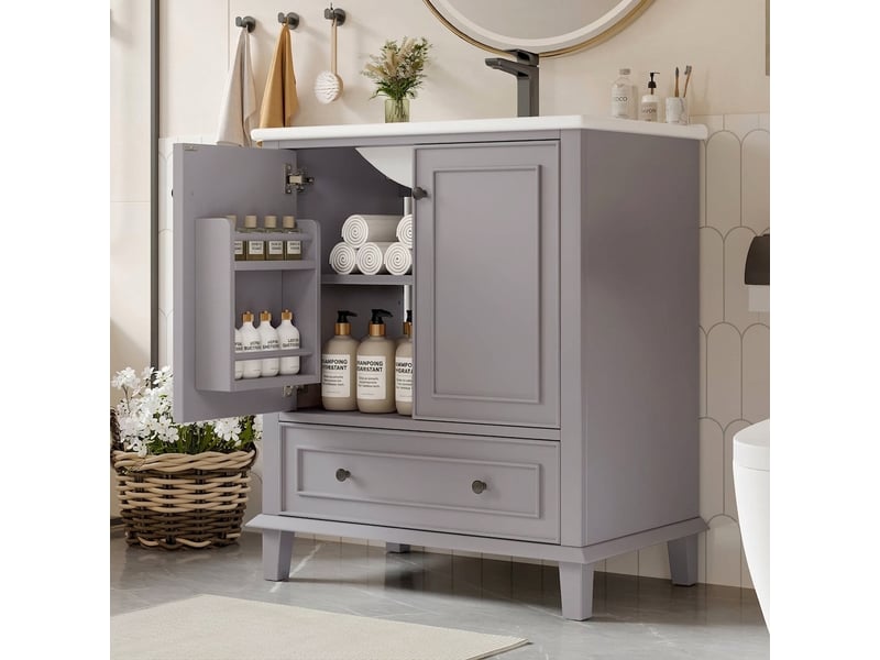  Meuble salle de bain gris 76x46x87cm meuble vasque sur pied avec pieds en bois massif  - Conforama D