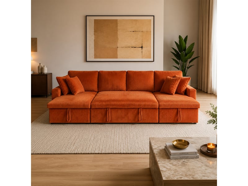 Canapé panoramique convertible 4 places en velours côtelé avec coffre - terracotta mahé - Conforama E