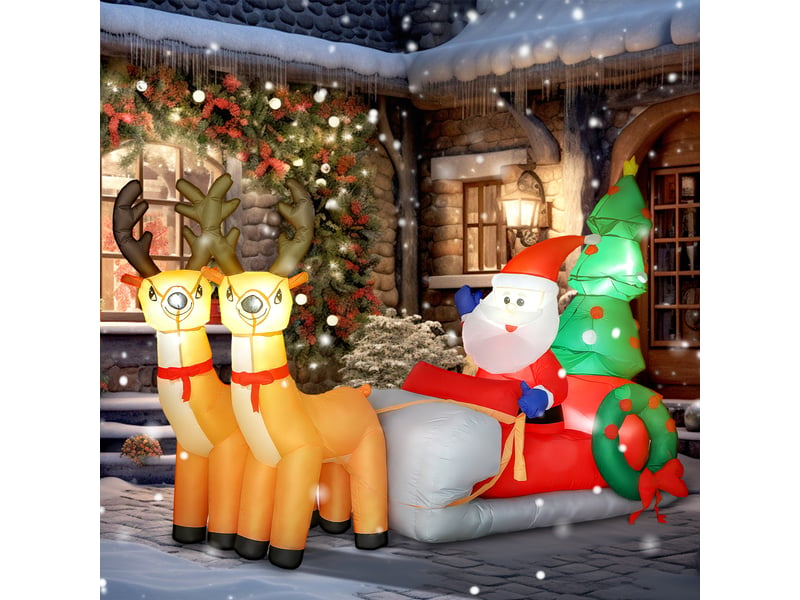  Père noël gonflable de 2,1 m sur traîneau avec deux rennes, décoration de noël gonflable avec lumières led intégrées  - Conforama A