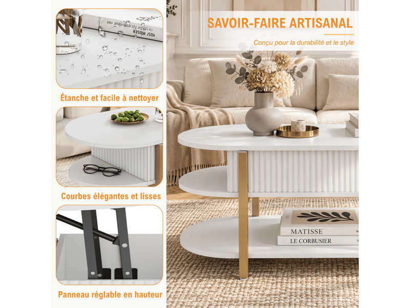  Table basse ovale relevable salon - rangement caché - 2 étagères ouvertes, table basse style crème minimaliste - panneaux cannelés verticaux, table basse multifonction à plateau réglable en hauteur pour salon - blanc  - Conforama D