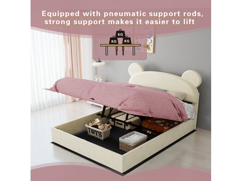  Lit coffre 140x200 cm, tête de lit fantaisie, rangement sous lit à vérins, revêtement velours, beige, sans matelas  - Conforama D