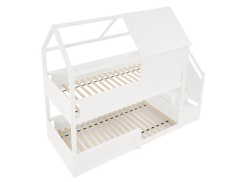  Lit superposé 80 x 200 cm structure double en bois massif design petit toit barrières de sécurité marches intégrées finition blanche  - Conforama A