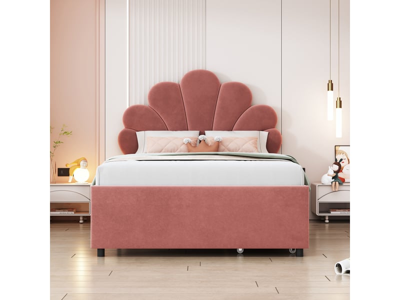 Lit enfant 90x200 cm, tiroirs, espace de rangement, tête de lit réglable, sommier, velours rose foncé, sans matelas - Conforama B