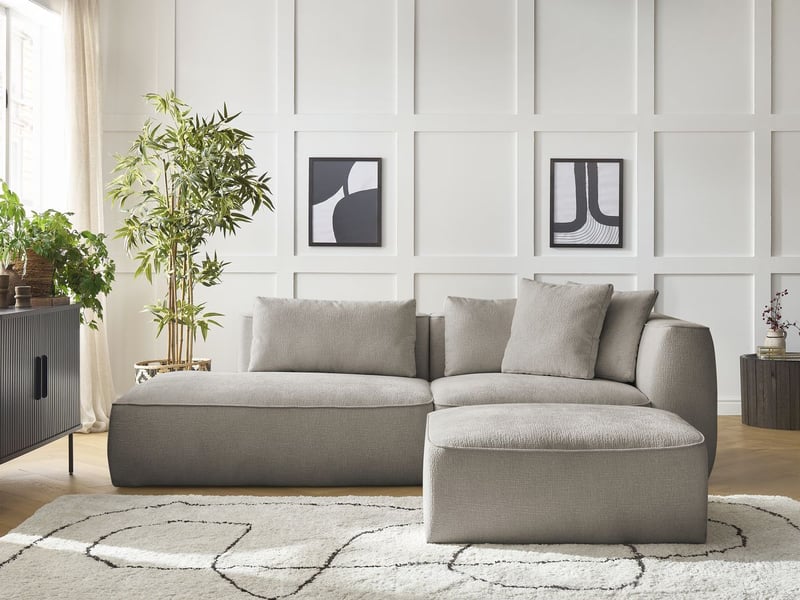  Bobochic canapé droit fixe 3 places leopold tissu texturé avec pouf taupe  accoudoir droit LEOPOLD - Conforama D