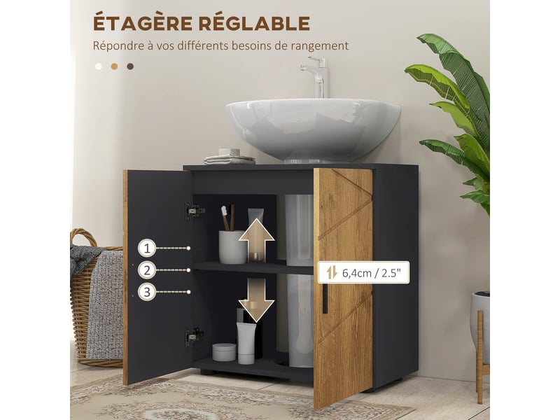  Meuble sous vasque 60 x 30 x 60 cm, 2 portes, étagère réglable, gris anthracite et aspect bois  - Conforama W