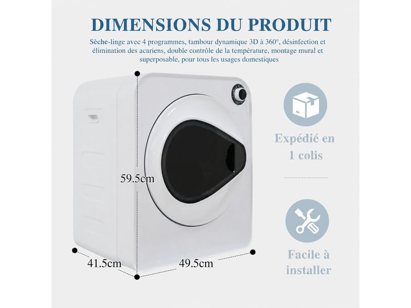  Sèche-linge blanc 3 kg (capacité réelle 5 kg), radiateur en céramique, 4 programmes et anti-surchauffe  - Conforama D