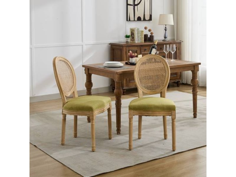 Chaises de salle à manger style français, cadre bois massif, dos rotin, assise en lin, vert olive, lot de 2 – réf 1843ol - Conforama B