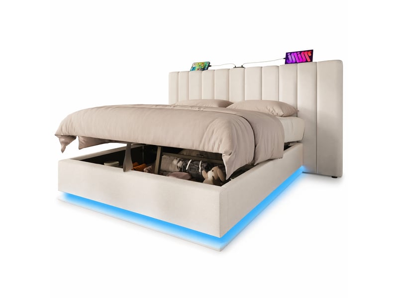  Lit 2 places 180x200 cm – blanc – coffre hydraulique, led connectée et recharge usb-c, sans matelas  - Conforama A