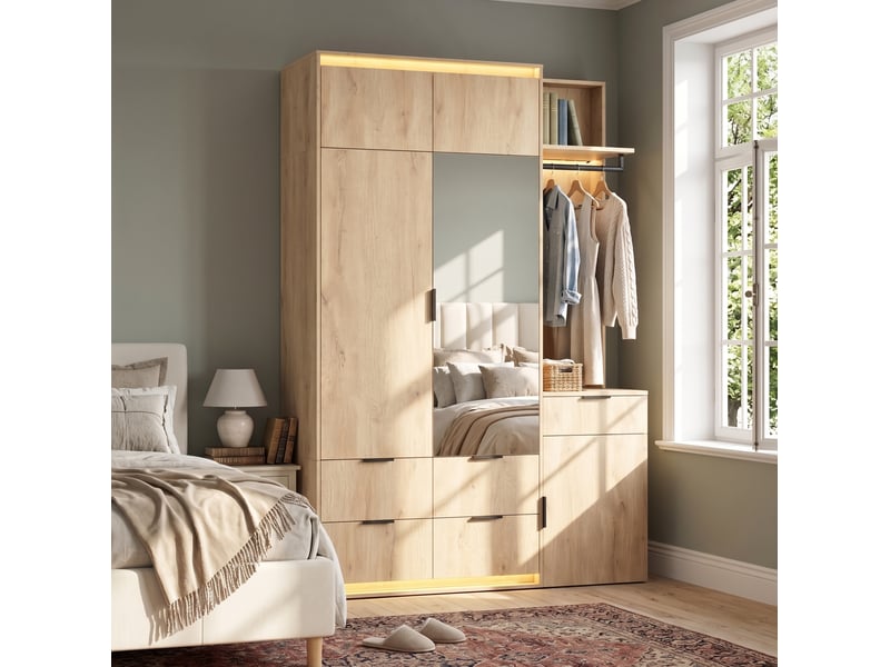  Armoire d’entrée avec miroir, 2 tringles, 5 tiroirs et 3 éclairages led moderne en mdf décor chêne 135 × 47 × 200 cm  - Conforama B