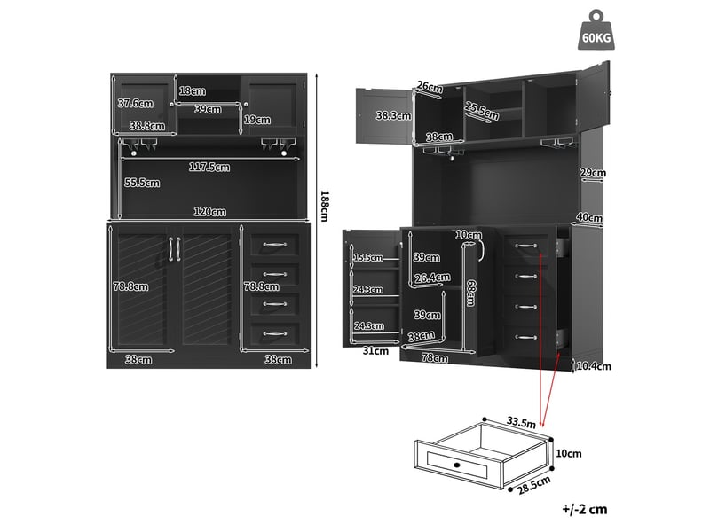 Buffet armoire de rangement 120x40x188cm avec éclairage led, étagère à collations, porte-gobelets, 4 portes et 2 tiroirs, noir - Conforama D