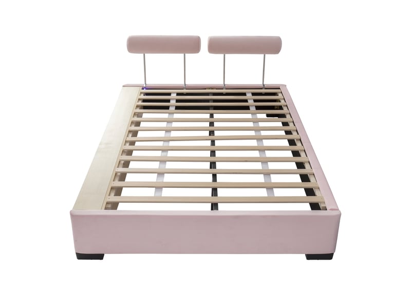  Lit enfant 140x200 cm - avec étagère latérale led, niches de rangement ouvertes et appuis-tête modulables sur 3 côtés – velours  – rose  - Conforama A